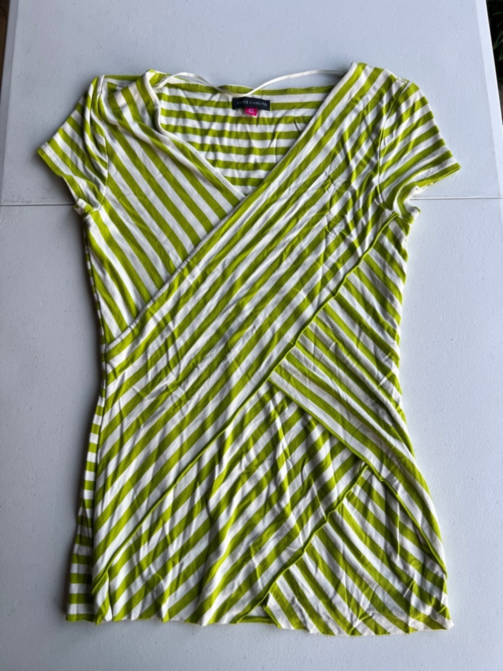 Vince Camuto Lime and White Striped Wrap-Style Short Sleeve Top